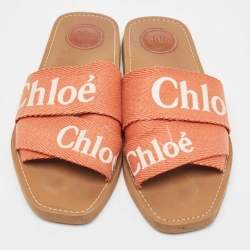 Chloe Orange Logo Canvas Woody Flat Slides Size 40