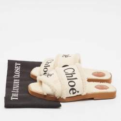 Chloe White Canvas and Shearling Woody Flat Sandals Size 37