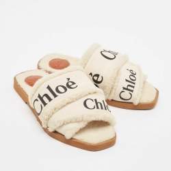 Chloe White Canvas and Shearling Woody Flat Sandals Size 37