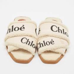 Chloe White Canvas and Shearling Woody Flat Sandals Size 37