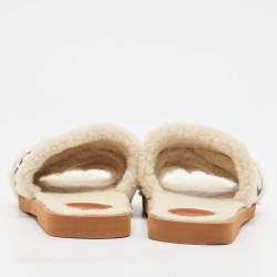 Chloe White Canvas and Shearling Woody Flat Sandals Size 37