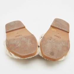 Chloe White Canvas and Shearling Woody Flat Sandals Size 37