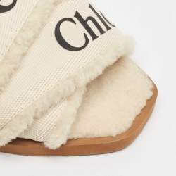 Chloe White Canvas and Shearling Woody Flat Sandals Size 37