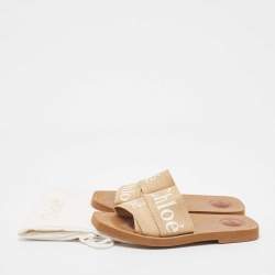Chloe Beige Canvas Woody Flat Slides Size 38