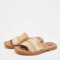Chloe Beige Canvas Woody Flat Slides Size 38