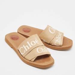 Chloe Beige Canvas Woody Flat Slides Size 38