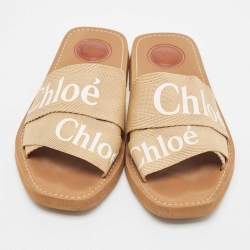 Chloe Beige Canvas Woody Flat Slides Size 38