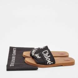 Pre Owned Chloe Black Canvas Embroidered Logo Woody Flat Slides Size 39
