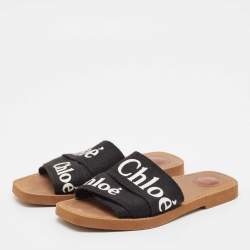 Pre Owned Chloe Black Canvas Embroidered Logo Woody Flat Slides Size 39