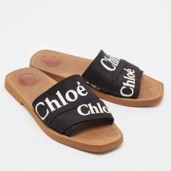 Pre Owned Chloe Black Canvas Embroidered Logo Woody Flat Slides Size 39