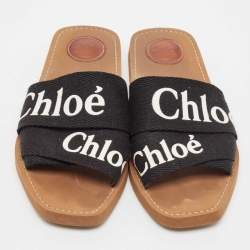 Pre Owned Chloe Black Canvas Embroidered Logo Woody Flat Slides Size 39