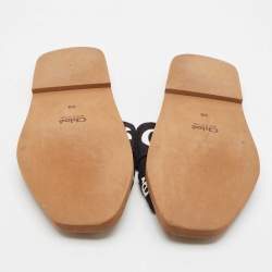 Pre Owned Chloe Black Canvas Embroidered Logo Woody Flat Slides Size 39