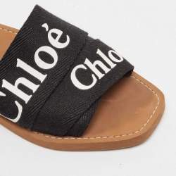 Pre Owned Chloe Black Canvas Embroidered Logo Woody Flat Slides Size 39