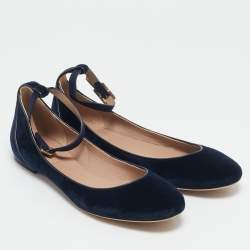Chloe Navy Blue Velvet Ankle Strap Ballet Flats Size 38