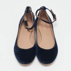 Chloe Navy Blue Velvet Ankle Strap Ballet Flats Size 38