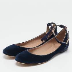 Chloe Navy Blue Velvet Ankle Strap Ballet Flats Size 38