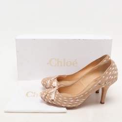Chloe Beige Woven Fabric and Suede Bow Pumps Size 36