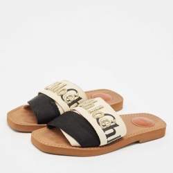 Chloe White/Black Canvas Woody Slide Flats Size 36