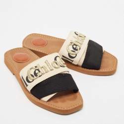 Chloe White/Black Canvas Woody Slide Flats Size 36