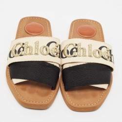 Chloe White/Black Canvas Woody Slide Flats Size 36