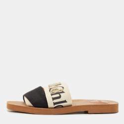 Chloe White/Black Canvas Woody Slide Flats Size 36