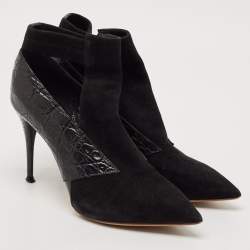 Chloe Black Croc Embossed Leather and Suede Ankle Length Boots Size 36