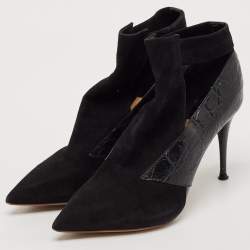 Chloe Black Croc Embossed Leather and Suede Ankle Length Boots Size 36