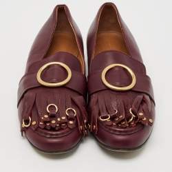 Chloe Burgundy Leather Fringe Gold Tips Details Slip On Loafers Size 40