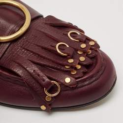 Chloe Burgundy Leather Fringe Gold Tips Details Slip On Loafers Size 40