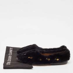Chloe Black Fur Horse Embroidered Ballet Flats Size 40