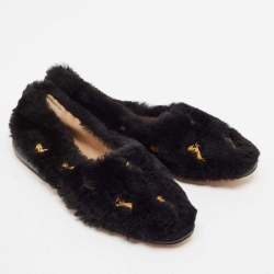 Chloe Black Fur Horse Embroidered Ballet Flats Size 40