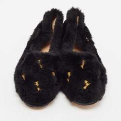 Chloe Black Fur Horse Embroidered Ballet Flats Size 40