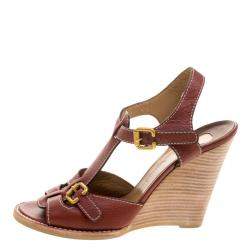 Pre Owned Chloe Brown Leather Wooden Wedge Sandals Size 40.5