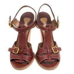 Pre Owned Chloe Brown Leather Wooden Wedge Sandals Size 40.5