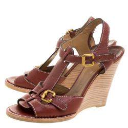 Pre Owned Chloe Brown Leather Wooden Wedge Sandals Size 40.5