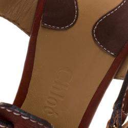 Pre Owned Chloe Brown Leather Wooden Wedge Sandals Size 40.5