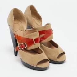Chloe Beige/Orange  Suede and PVC Cross Strap Pumps Size 37