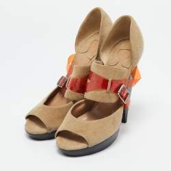 Chloe Beige/Orange  Suede and PVC Cross Strap Pumps Size 37