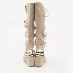 Chloe Beige Suede Gladiator Wedge Ankle Wrap Sandals Size 36.5