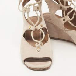 Chloe Beige Suede Gladiator Wedge Ankle Wrap Sandals Size 36.5