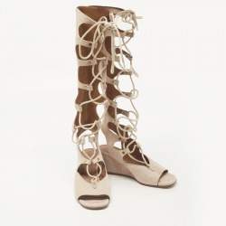 Chloe Beige Suede Gladiator Wedge Ankle Wrap Sandals Size 36.5