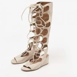 Chloe Beige Suede Gladiator Wedge Ankle Wrap Sandals Size 36.5