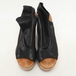 Chloe Black Leather Cork Wedge Cut Out Boots Size 38.5