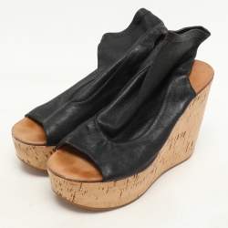 Chloe Black Leather Cork Wedge Cut Out Boots Size 38.5