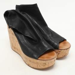 Chloe Black Leather Cork Wedge Cut Out Boots Size 38.5