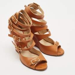 Chloe Brown Leather Strappy Buckle Wedge Sandals Size 36.5