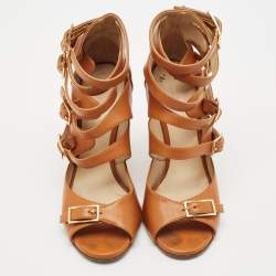 Chloe Brown Leather Strappy Buckle Wedge Sandals Size 36.5