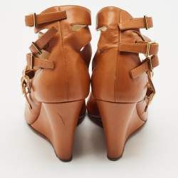 Chloe Brown Leather Strappy Buckle Wedge Sandals Size 36.5