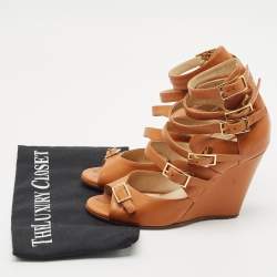 Chloe Brown Leather Strappy Buckle Wedge Sandals Size 36.5