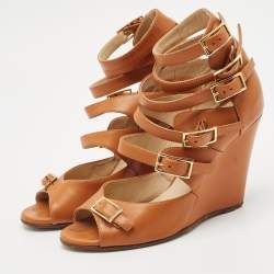 Chloe Brown Leather Strappy Buckle Wedge Sandals Size 36.5